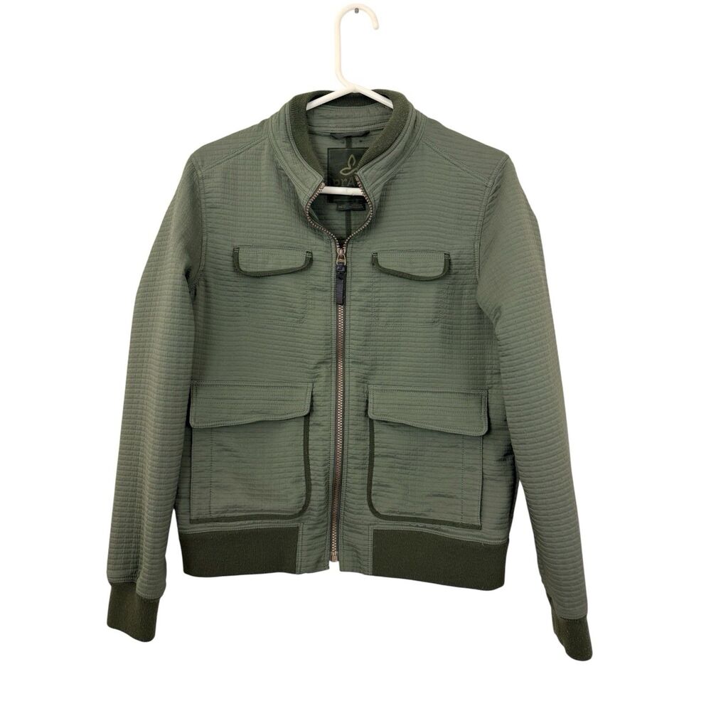 PrAna Womens Minx Quilted Bomber Jacket Sz M Olive Green Cargo Pockets Gorpcore